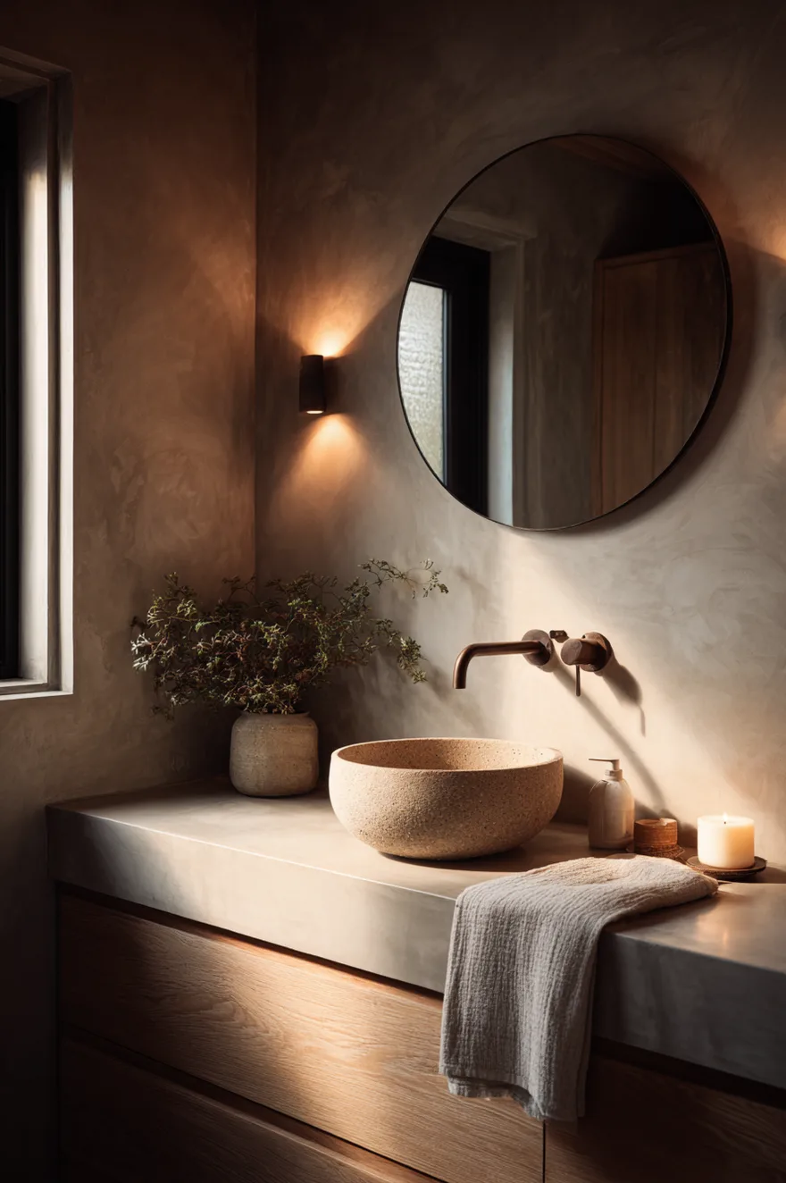 Warm greige plaster bathroom walls with a white oak vanity, round mirror, paired warm-filament wall sconces glowing on either side, and a trailing plant in a stone pot.