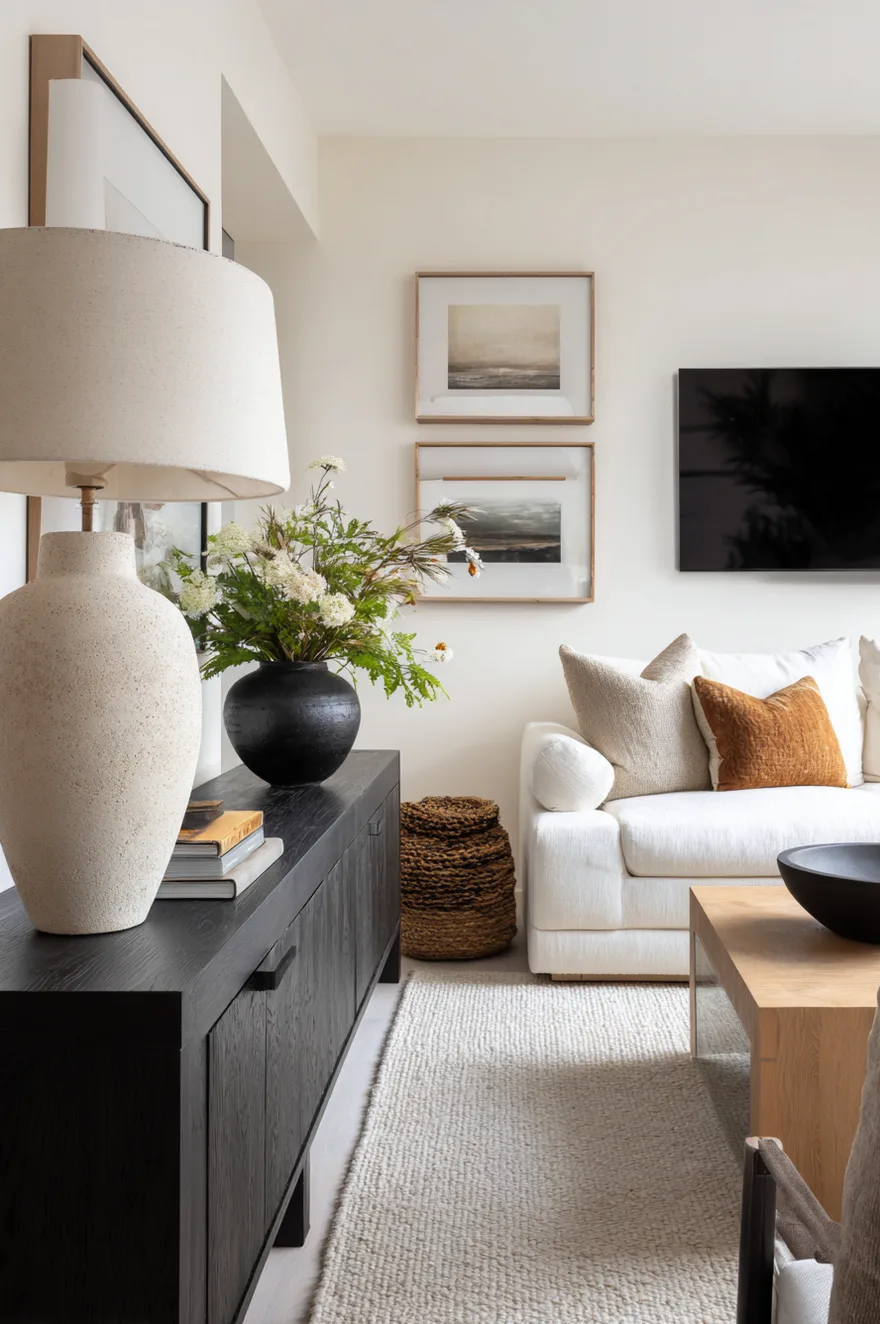 TV console with one tall sculptural ceramic lamp on the left side, a low wide bowl at center, and the right side left intentionally open in a calm natural oak living room.