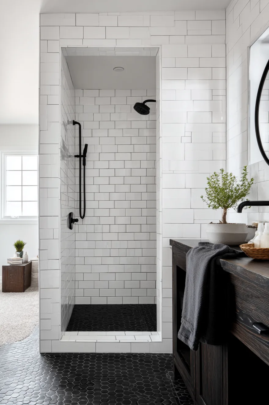 White subway tile walk in shower with three-by-six tiles in vertical stack bond, dark charcoal grout, and matte black handheld fixture.
