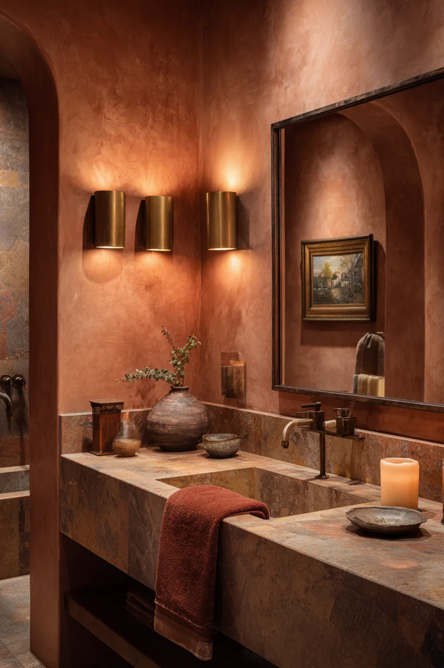 Paired brushed brass wall sconces flanking a large vanity mirror on terracotta plaster walls with a marble-top floating vanity glowing in warm 2700K lamplight.