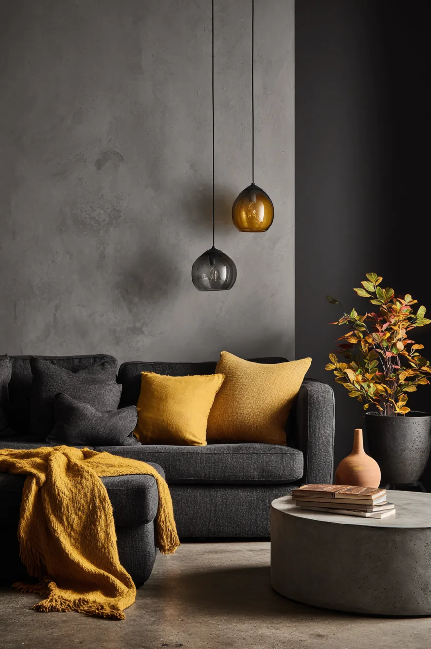 Cool mid grey walls with amber glass pendant lights, a turmeric wool throw over a charcoal linen sofa, and a round concrete coffee table in a refined living room.
