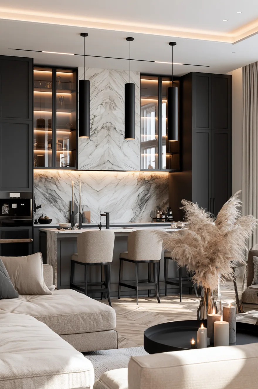 Premium kitchen featuring dramatic bookmatched gray and white marble slab backsplash, matte black cabinetry, and glass-front upper cabinets with internal lighting.
