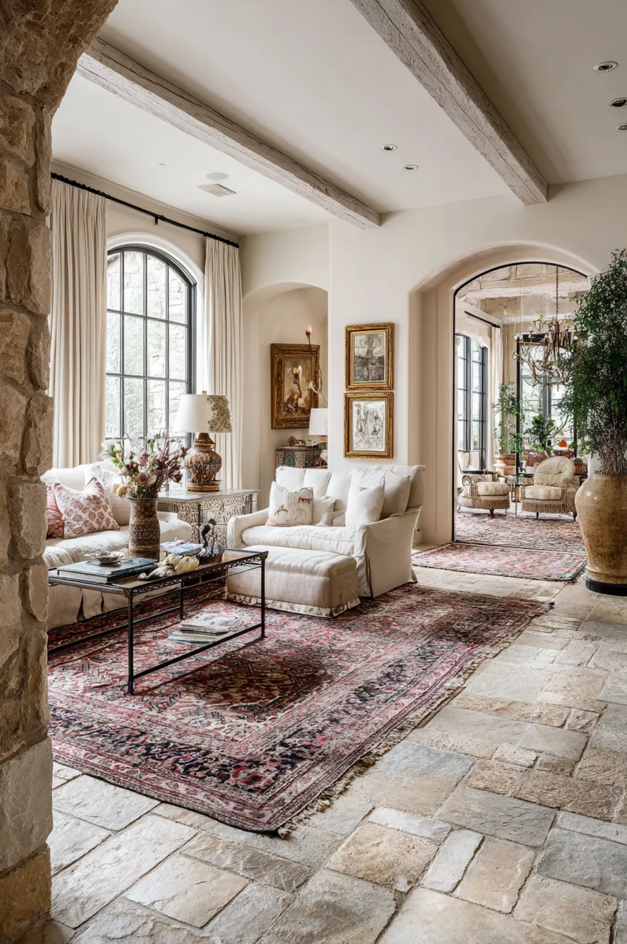 An expansive living area showing textured natural stone flooring with a large, ornate red and navy Persian-style rug layered on top. The space includes white slipcovered sofas, arched doorways, and a stone accent wall. A rustic wood coffee table and various vintage decorative elements contribute to a storied, Mediterranean feel.