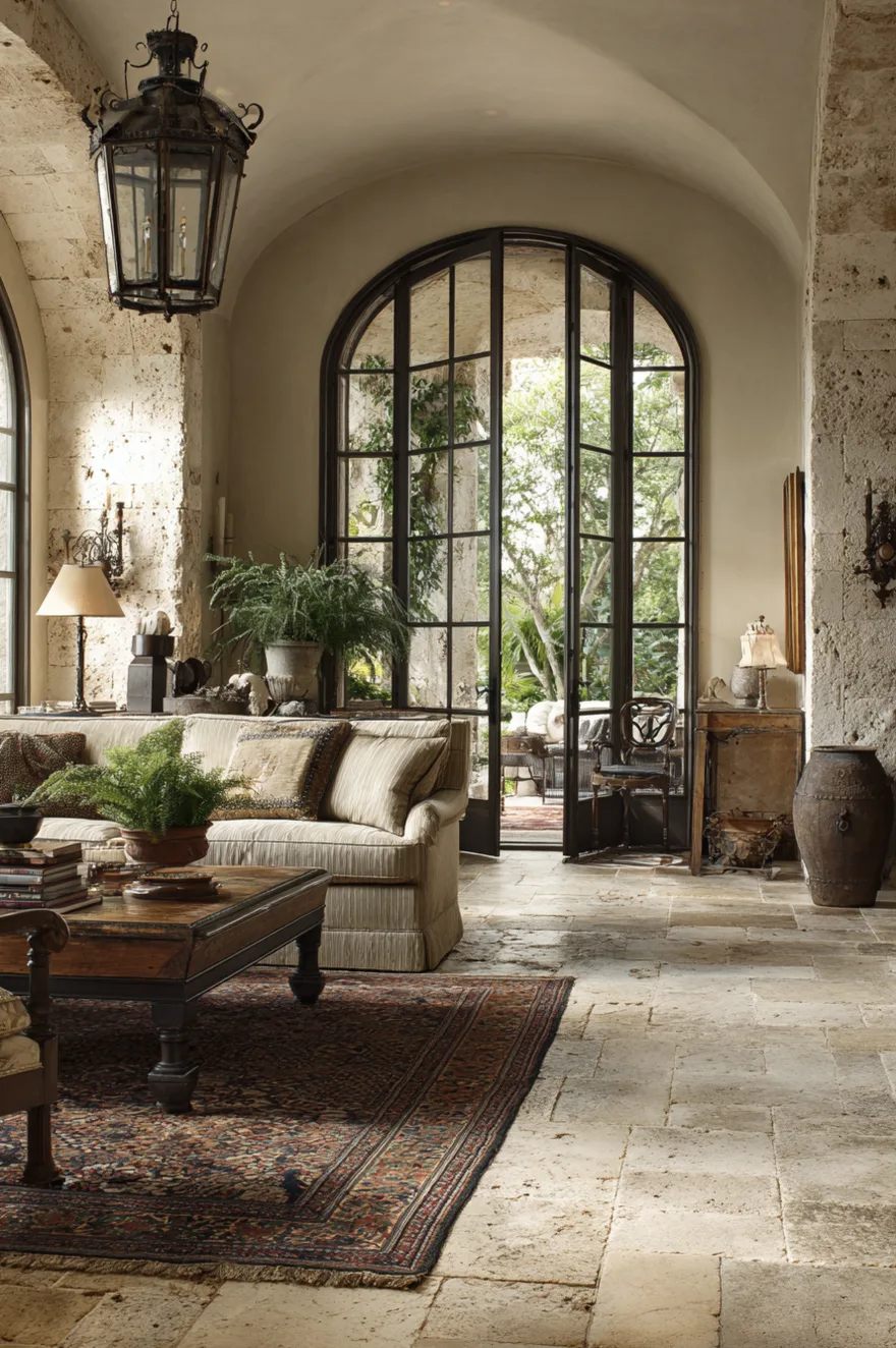 A view of a grand arched French door leading to a lush courtyard, framed by thick stone walls. The interior features a textured stone floor and a classic patterned rug in muted earth tones. A striped sofa and a large, dark iron lantern chandelier add to the historic, estate-like atmosphere of the room.
