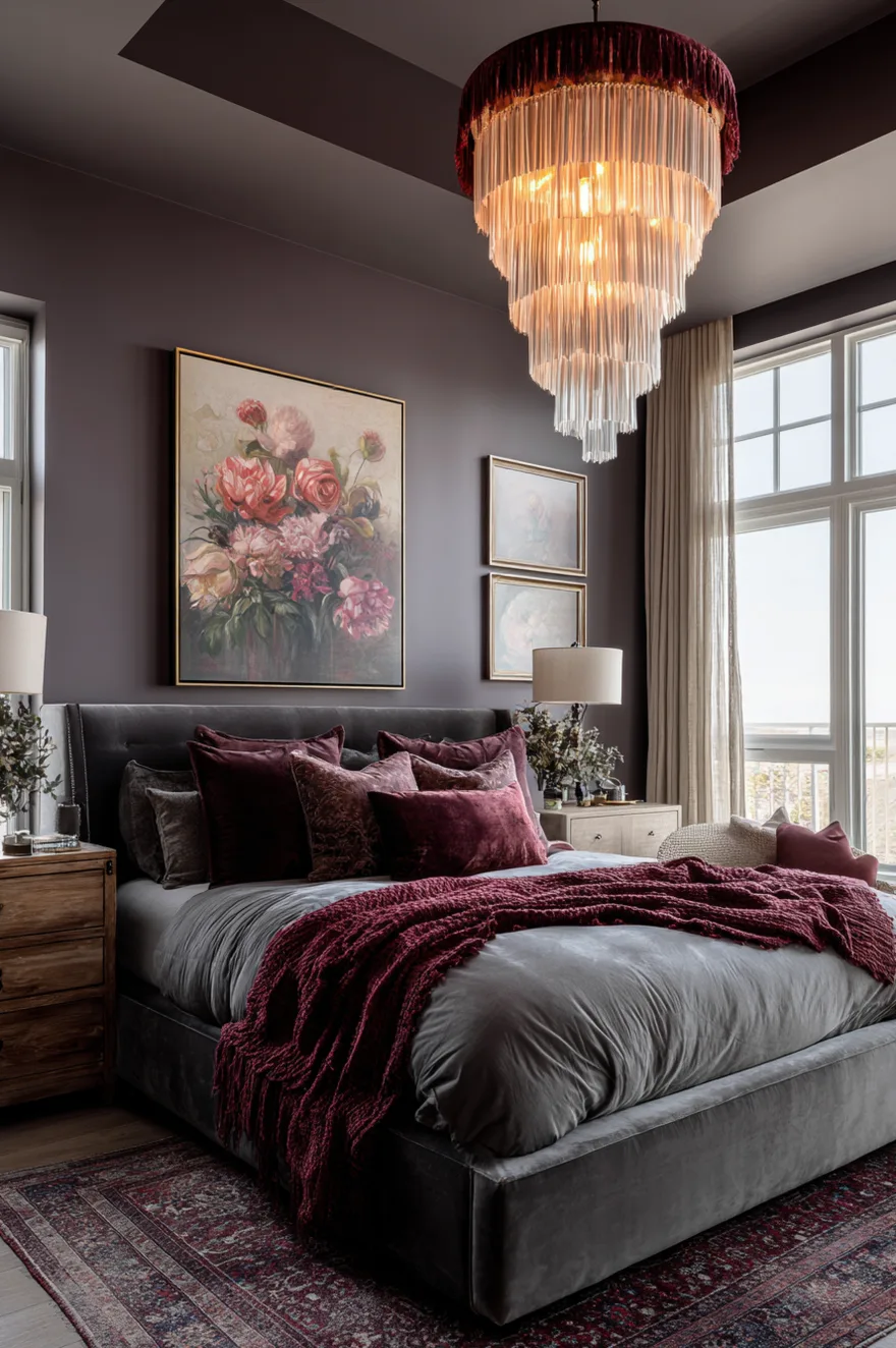 Dark gray bedroom with a large tiered fringe chandelier, velvet bedding in burgundy and charcoal, and large floral wall art.