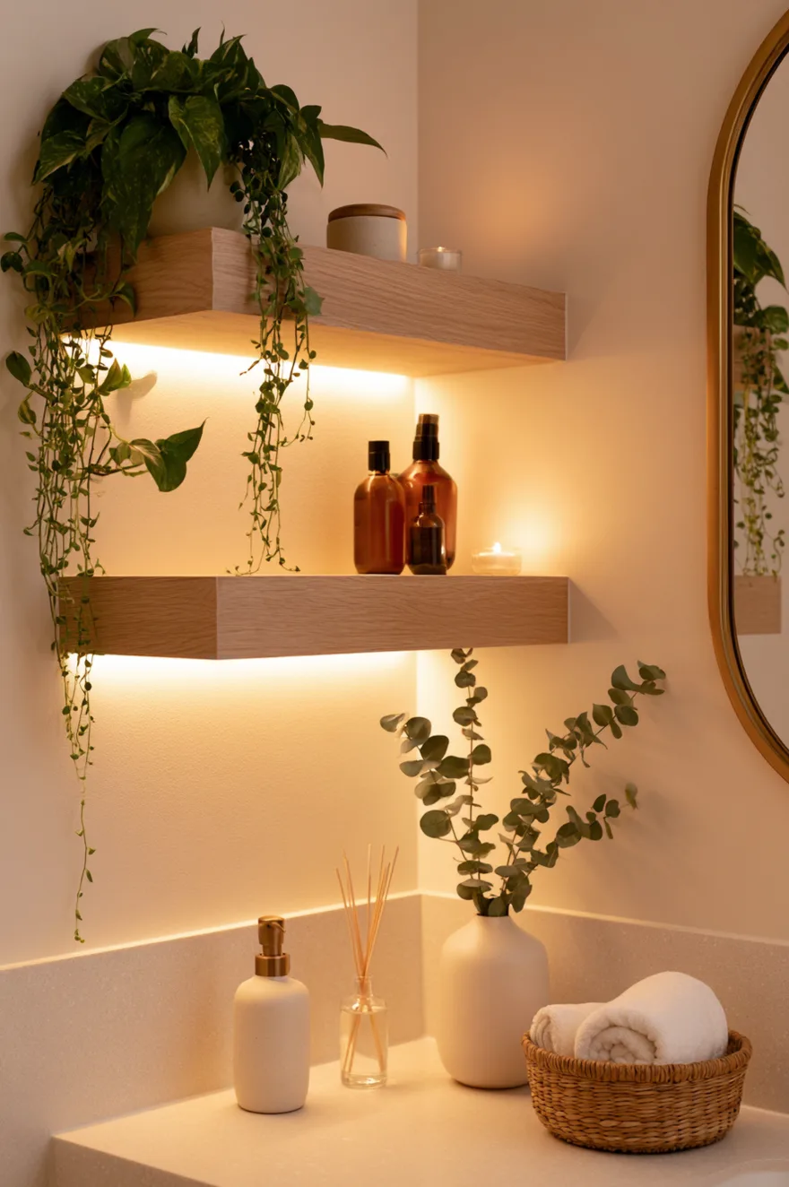 Corner bathroom view showing two light wood floating shelves with warm integrated LED lighting. A trailing pothos plant hangs over the edge next to amber bottles. A white counter below holds a reed diffuser, white vase with eucalyptus, and a basket of towels.