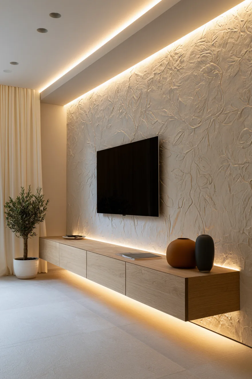 Dramatic feature wall covered in warm ivory-white textured plaster with a hand-carved relief pattern of organic botanical leaf and vine motifs. A flat screen television is mounted in the center. Warm LED cove lighting runs continuously along the top ceiling recess and along the bottom underside of a long, floating light oak media console, casting bright upward and downward washes of light across the textured plaster surface. A round terracotta pot and a tall matte black ceramic vase sit on the console, and a potted olive tree stands in a white ceramic planter on the far left by soft cream window drapes.