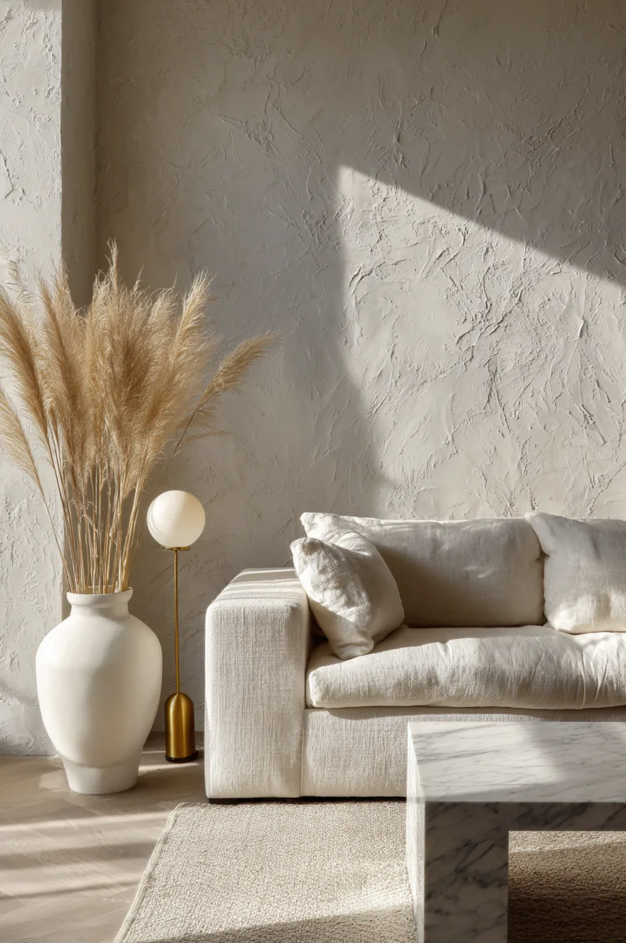 Textured plaster wall in a warm white living room with a linen sofa and large vase of pampas grass.