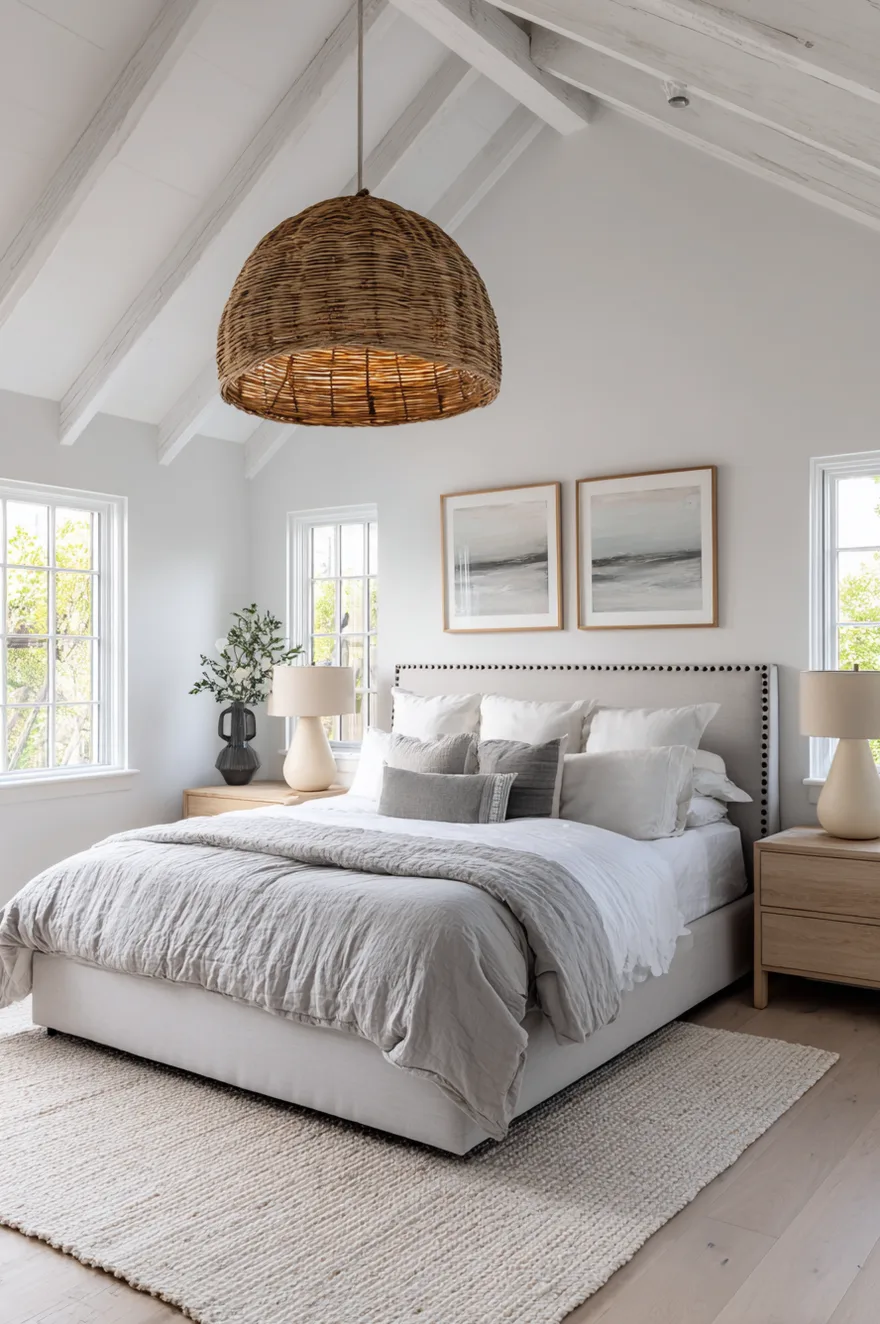 A bright bedroom with a white painted, slanted wood-paneled ceiling. A large woven rattan pendant light hangs over a light grey upholstered bed with white bedding. Two windows let in natural light, flanked by matching light wood nightstands and cream-colored table lamps.