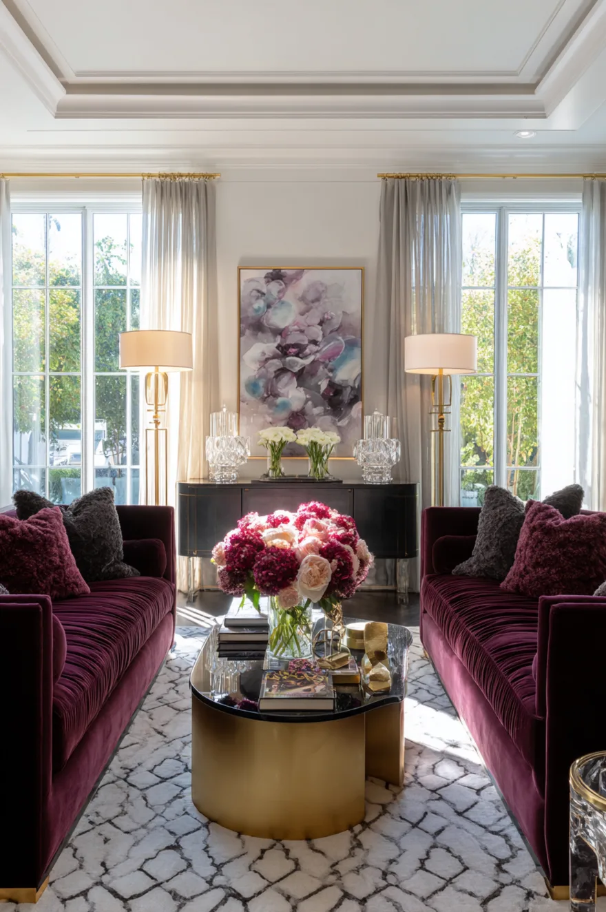Symmetrical living room featuring two deep plum velvet sofas facing each other across an oval black marble coffee table with a solid brass base. A massive pink floral arrangement serves as the centerpiece. In the background, a black lacquered console sits beneath a large abstract painting, flanked by two tall brass floor lamps and sheer curtains.