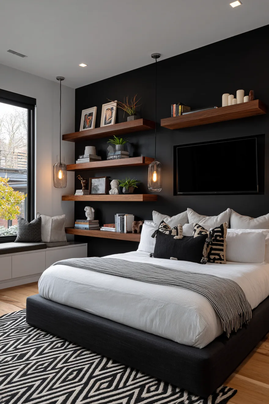 A modern bedroom featuring a black accent wall with built-in wood floating shelves and a mounted flat screen TV, a dark grey bed with black and white pillows, and a geometric patterned rug.