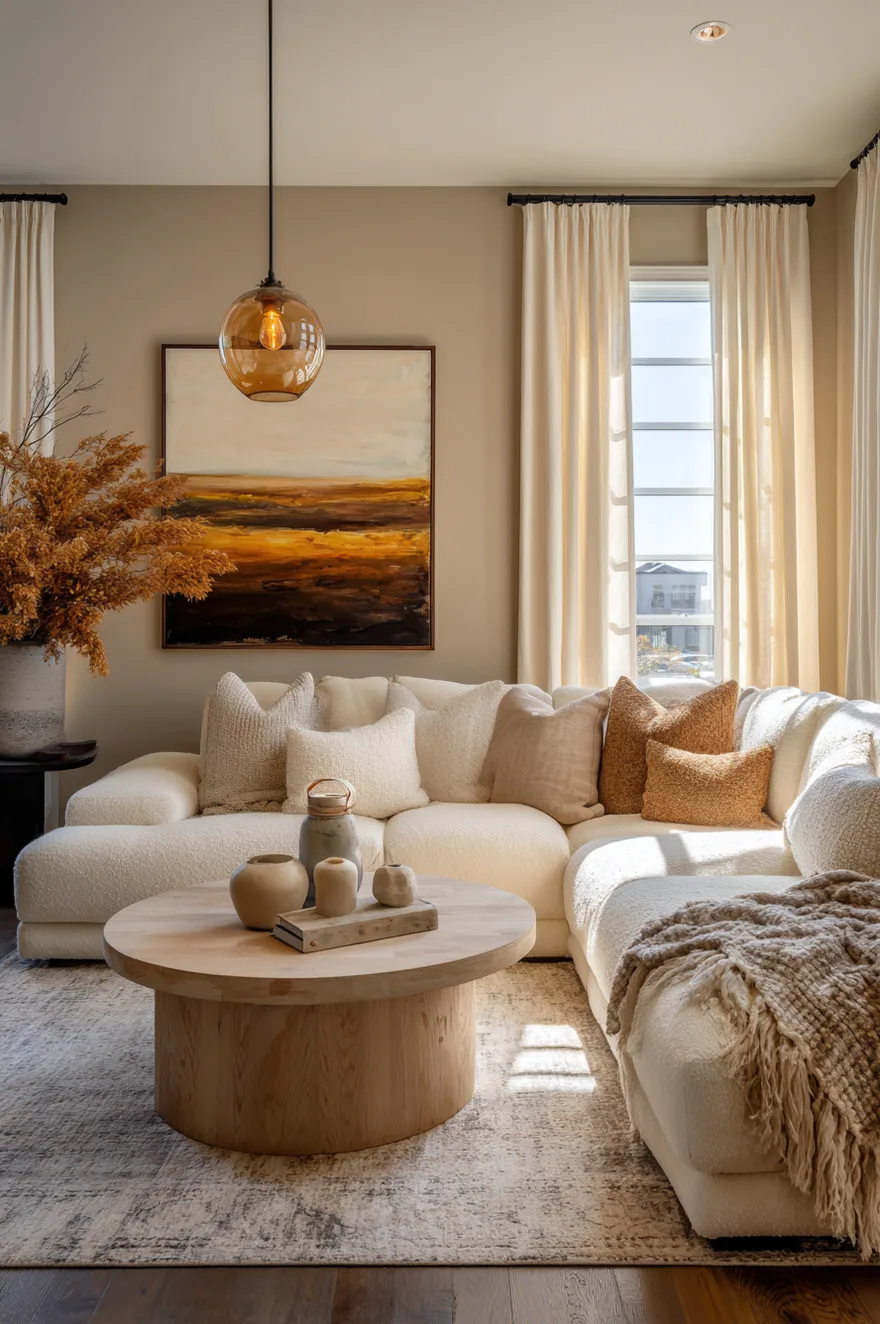 A soft and tonal living room featuring a light mocha brown sofa styled with cream pillows, resting on a textured cream rug next to a light oak coffee table.