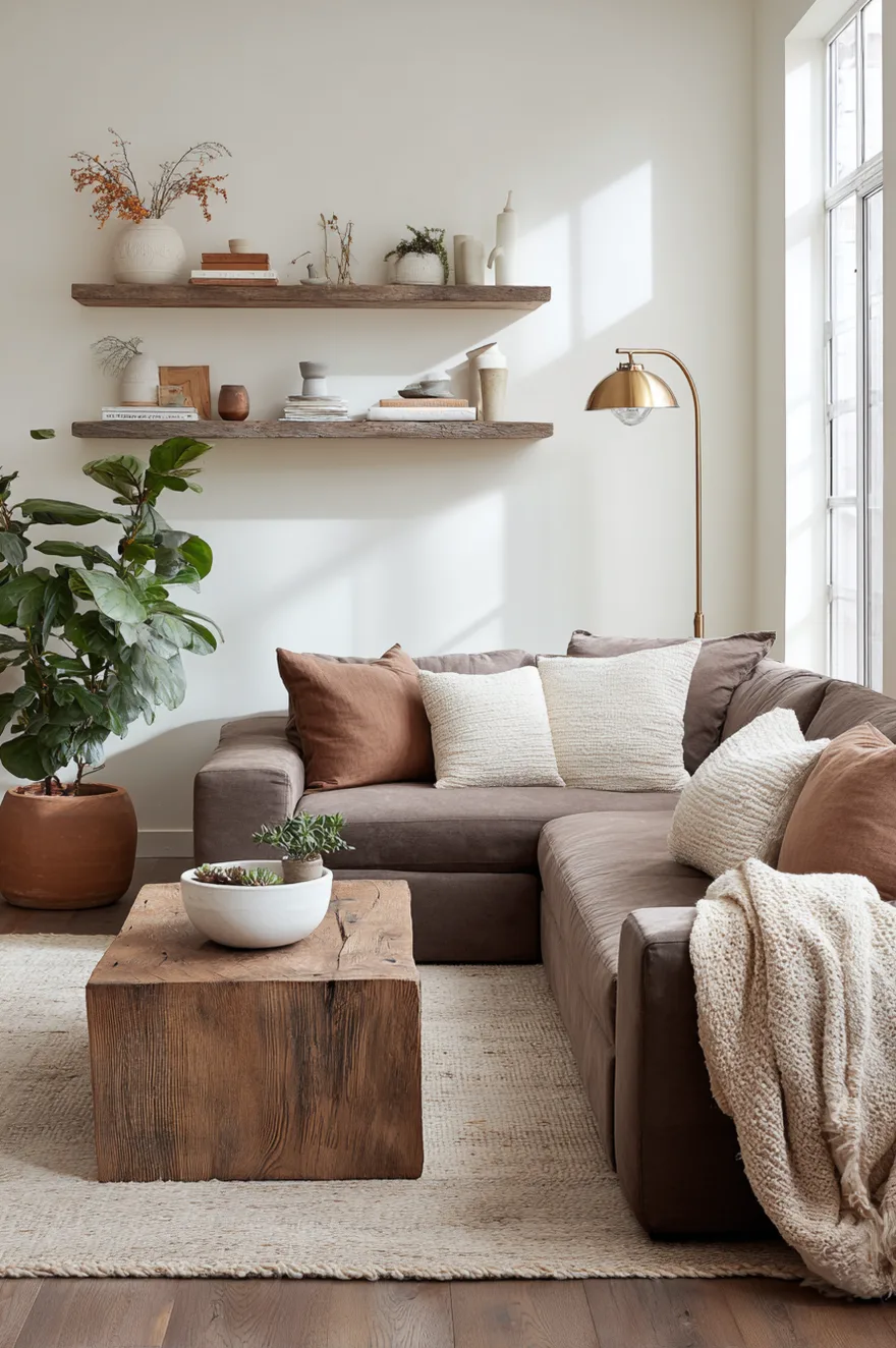 A soft taupe brown sectional sofa decorated with white and rust pillows, positioned next to a rustic solid wood block coffee table and beneath floating wooden wall shelves.