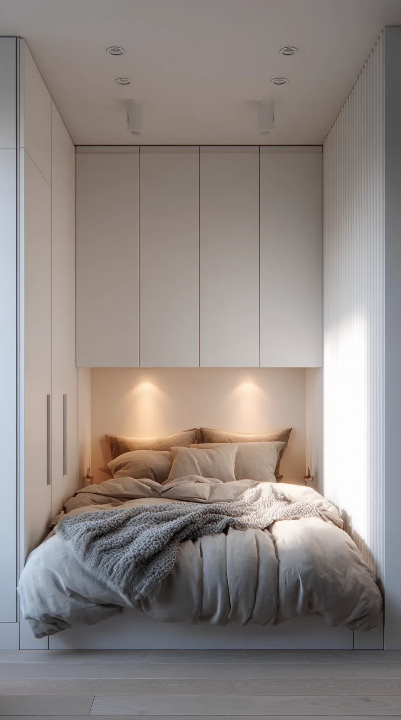 Custom floor-to-ceiling white built-in wardrobes surrounding a bed in a small modern room.