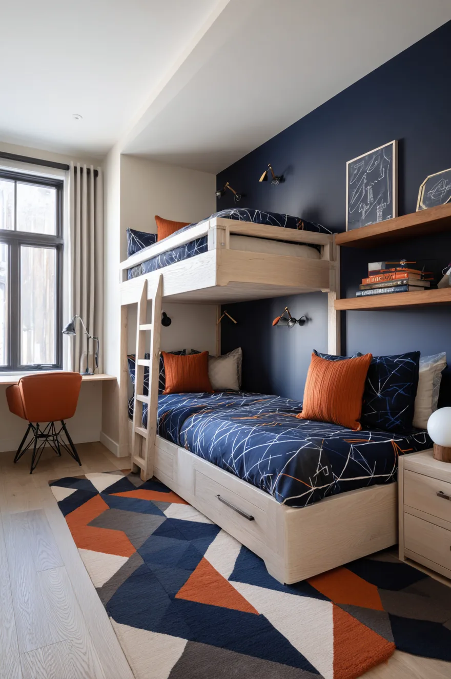 A shared boys bedroom featuring a sturdy solid wood bunk bed in a natural finish, styled with navy blue and white striped bedding, sitting on a light grey textured area rug.