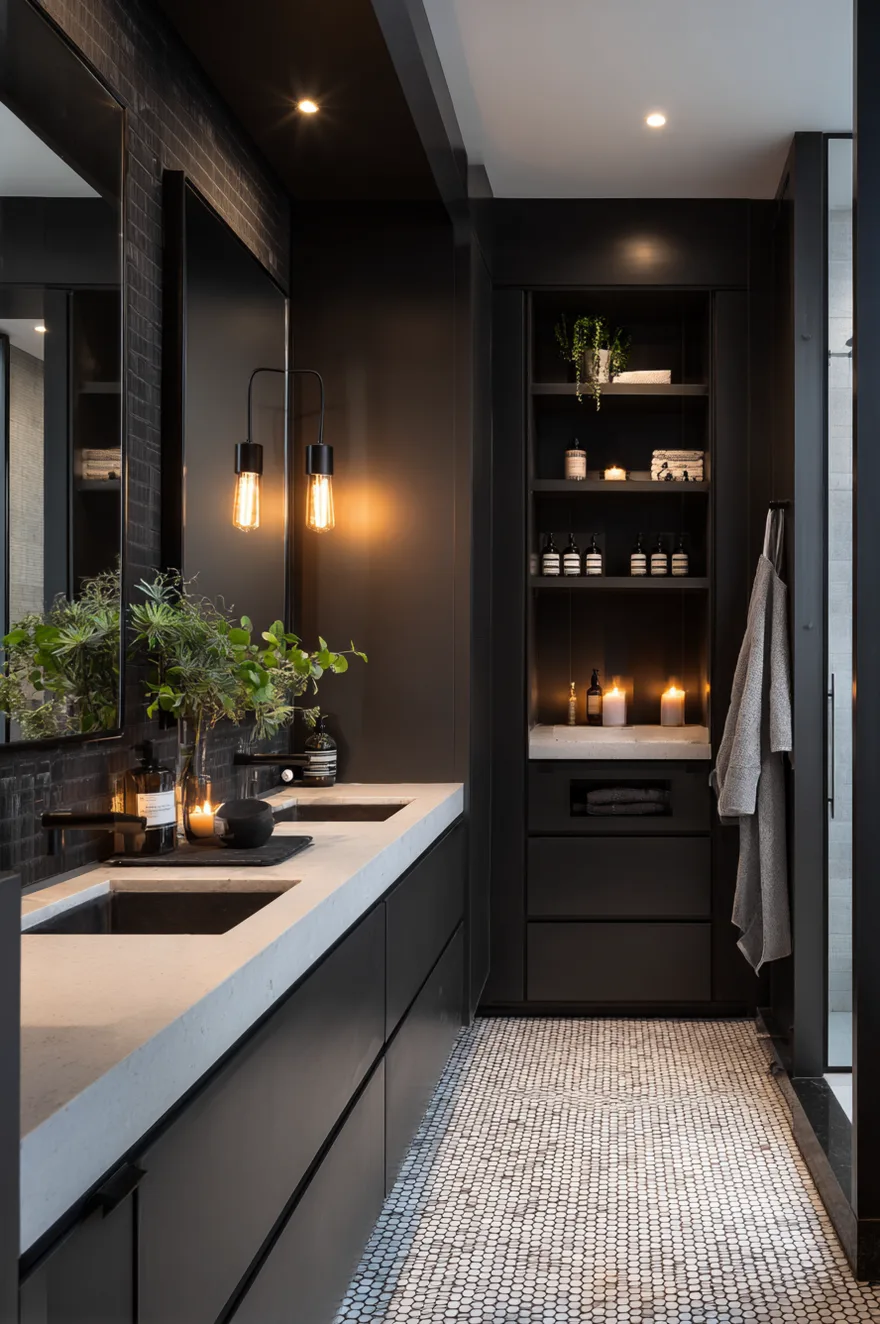 A modern bathroom with dark charcoal walls, a black double vanity with a thick white countertop, dark built in shelving with candles, and a white penny tile floor.