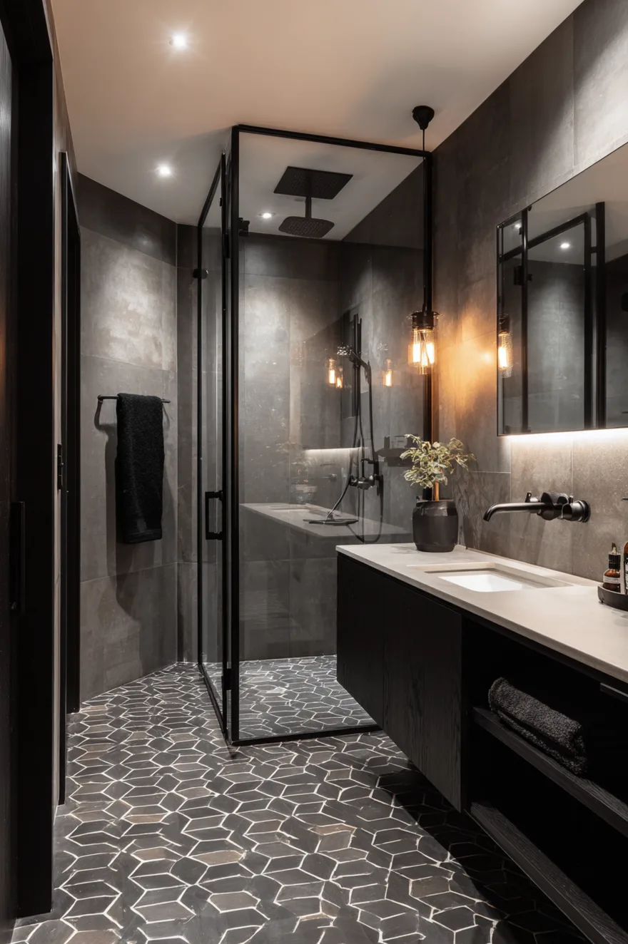 A modern bathroom featuring dark concrete style walls, a black vanity with a white counter, matte black fixtures, and a glass shower enclosure with dark patterned hexagon floor tiles.