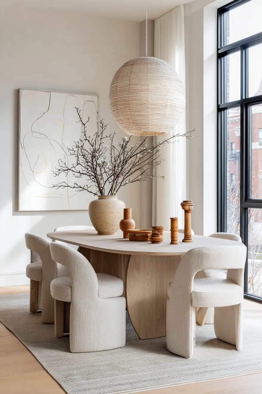 Modern dining table featuring a unique twisted geometric pedestal base that acts as a piece of art.