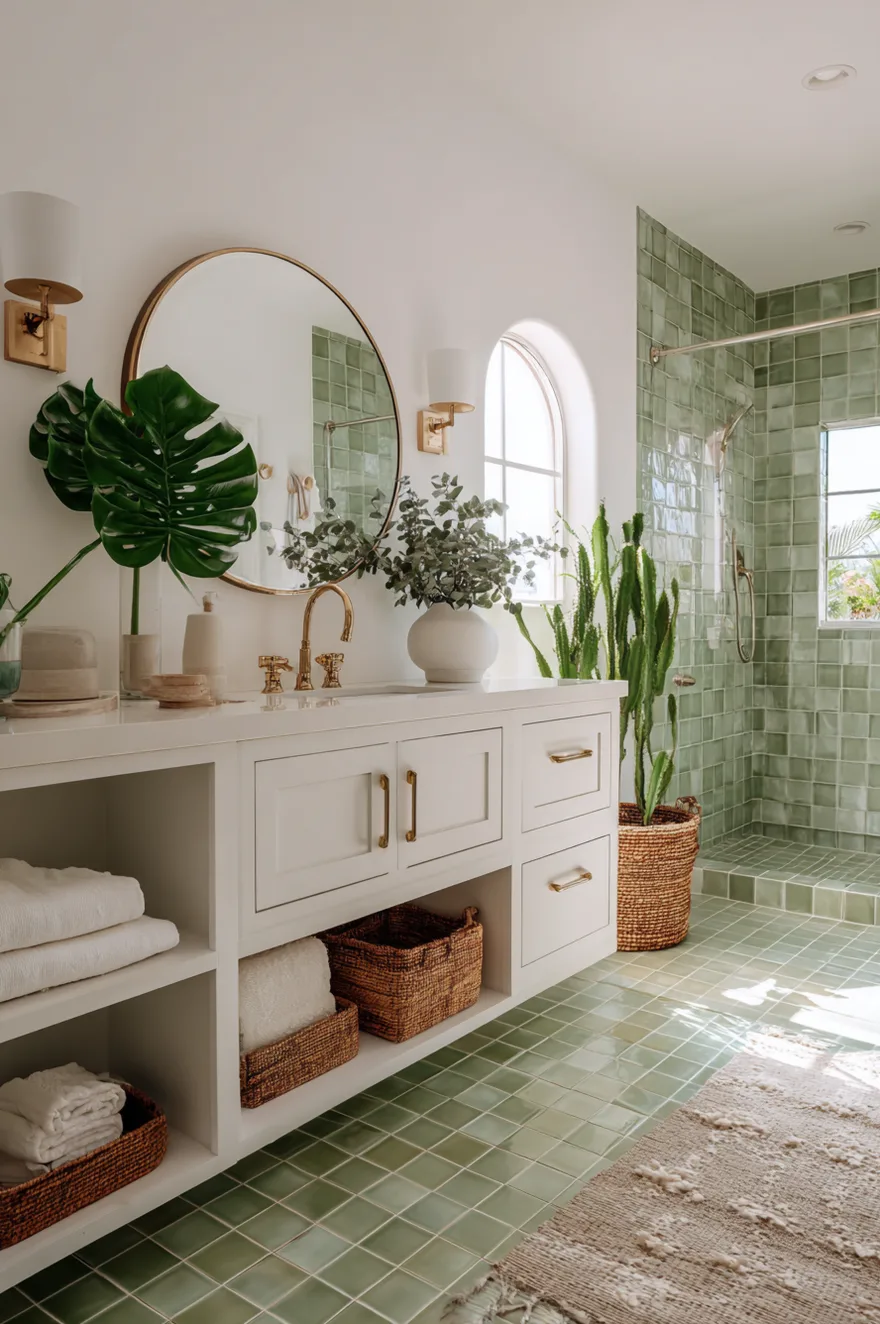 A fresh bathroom interior showcasing deep green floor tiles, a natural wood vanity cabinet, and white walls with a large mirror.