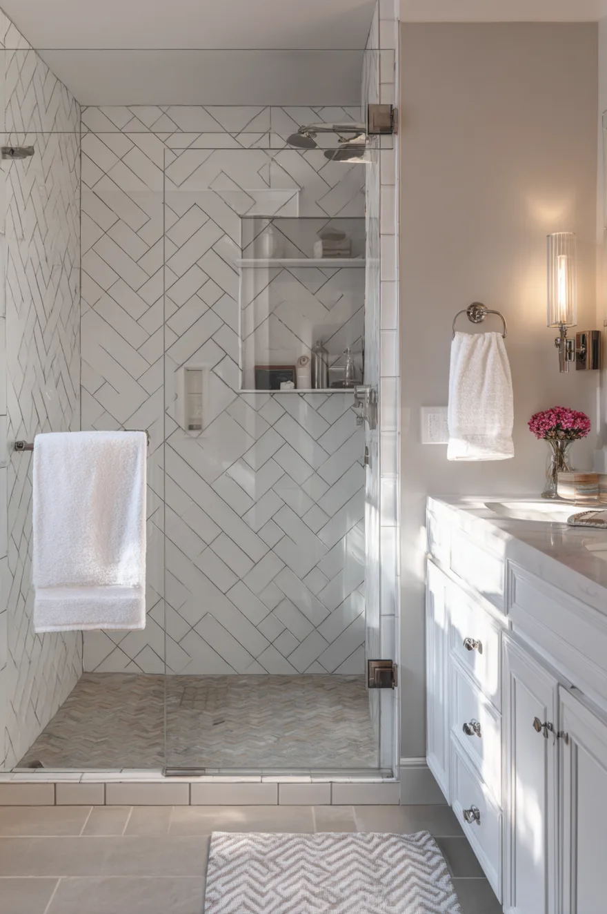 A bright shower enclosure showcasing white rectangular tiles installed in a herringbone pattern on the back wall, equipped with silver fixtures and a clear glass door next to a white vanity.