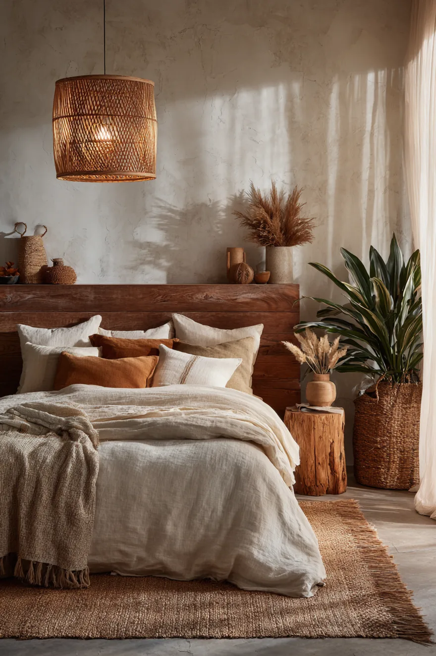 A rustic bedroom featuring a dark stained wood headboard against textured concrete style walls. The bed is styled with layered beige, brown, and rust pillows. A woven pendant light hangs above, and a large potted plant sits in a woven basket next to a wood stump side table.