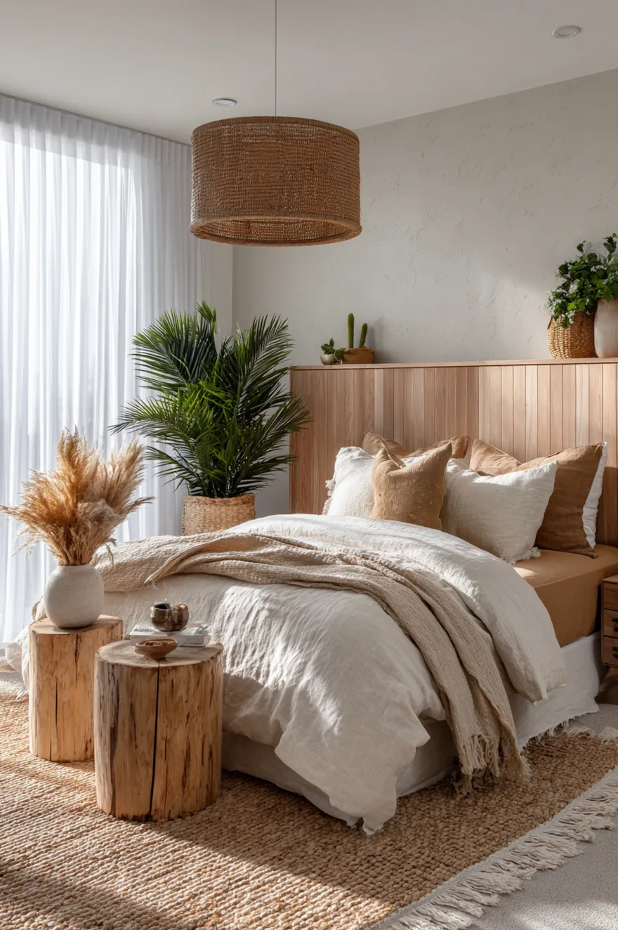 A bright bedroom with a custom light wood paneled headboard extending across the wall. The bed features textured beige and tan linens. Two natural wood stumps serve as nightstands, and a large woven pendant light hangs above.