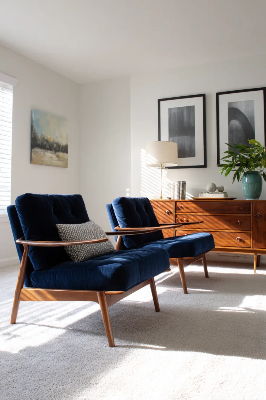 Two navy blue velvet chairs with wooden arms sit in a brightly lit room on a light carpet. Behind them is a mid-century wooden dresser topped with a lamp and a plant, and two black-and-white abstract art prints hang on the wall.