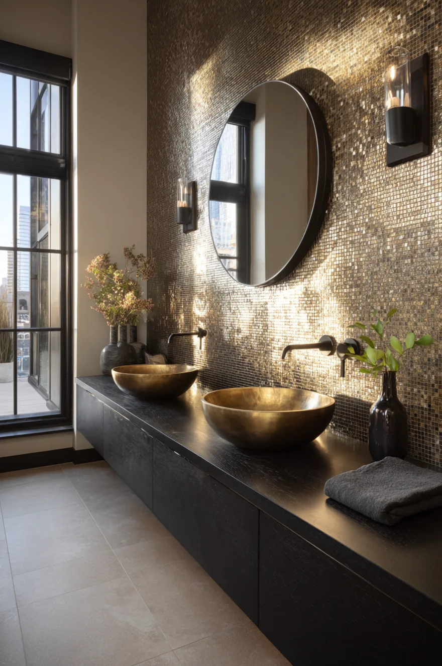 A moody, luxurious bathroom featuring a sleek black floating double vanity. Two metallic gold vessel sinks are mounted against a dramatic wall completely covered in shimmering gold mosaic tiles. A round black mirror and modern black glass sconces complete the look.