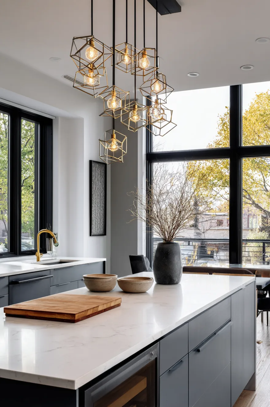 Sculptural geometric modern hanging lamps over kitchen island with exposed bulbs and gold details.