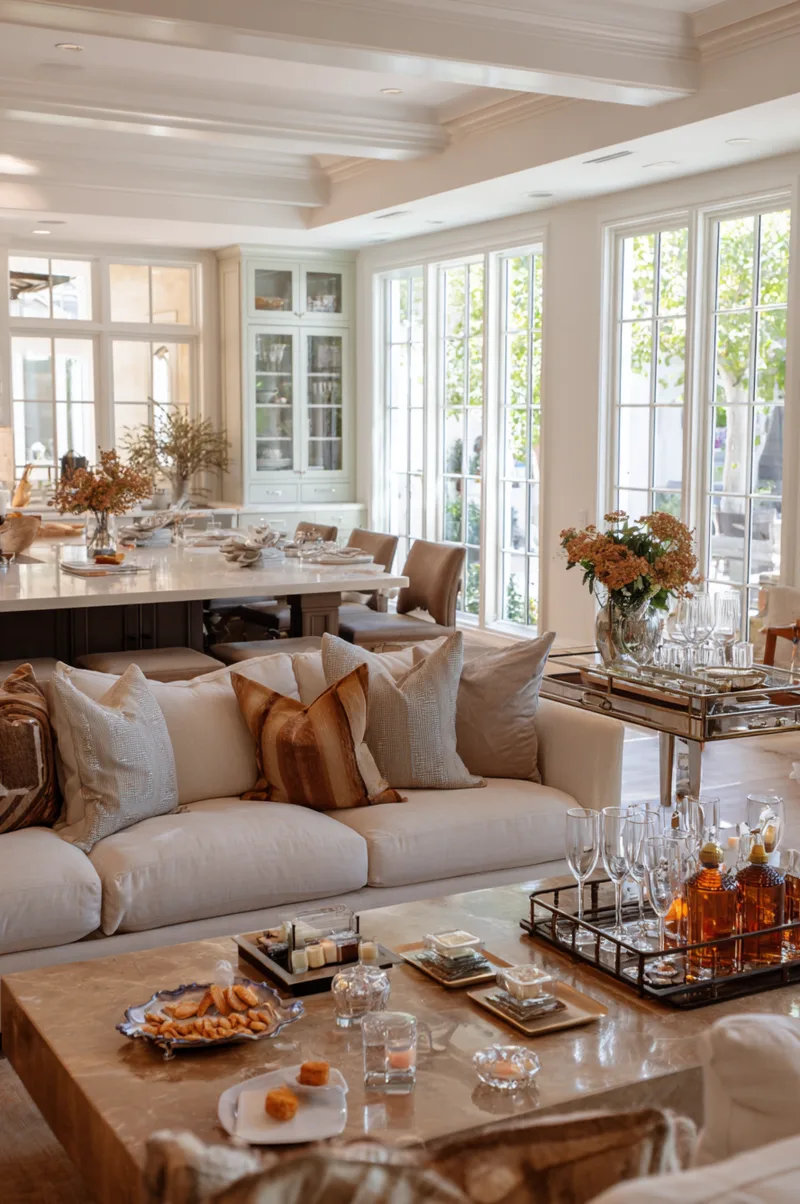 Luxury open kitchen and living room layout for entertaining with a large marble island overlooking a formal seating area.