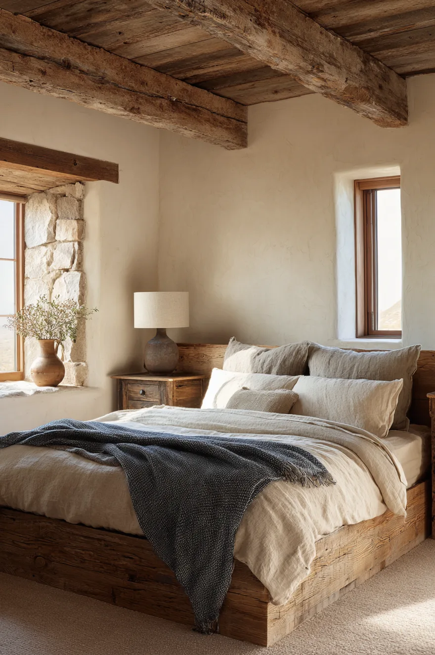 Rustic master bedroom with textured cream walls, exposed weathered wooden ceiling beams, and a stone-surround window. A reclaimed wood platform bed is layered with beige and grey linen bedding and a dark blue textured blanket. A rustic wood nightstand holds a textured stone lamp and a clay vase with dried branches.