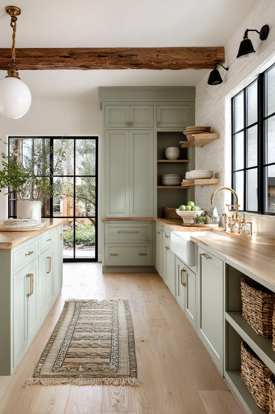 A light sage green kitchen featuring a raw edge wood peninsula counter and a white apron sink. The space includes open cabinet cubbies filled with wicker storage baskets, a white painted brick backsplash, open wood shelves, and a rustic wood ceiling beam.