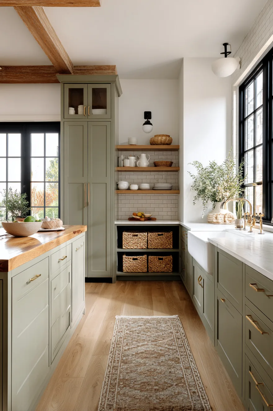 A view of a kitchen with sage green lower cabinets, a white farmhouse sink, and a raw edge wood counter to the left. Woven baskets sit in open lower shelving, while wood floating shelves above display white ceramics against a white subway tile backsplash next to a large black framed window.