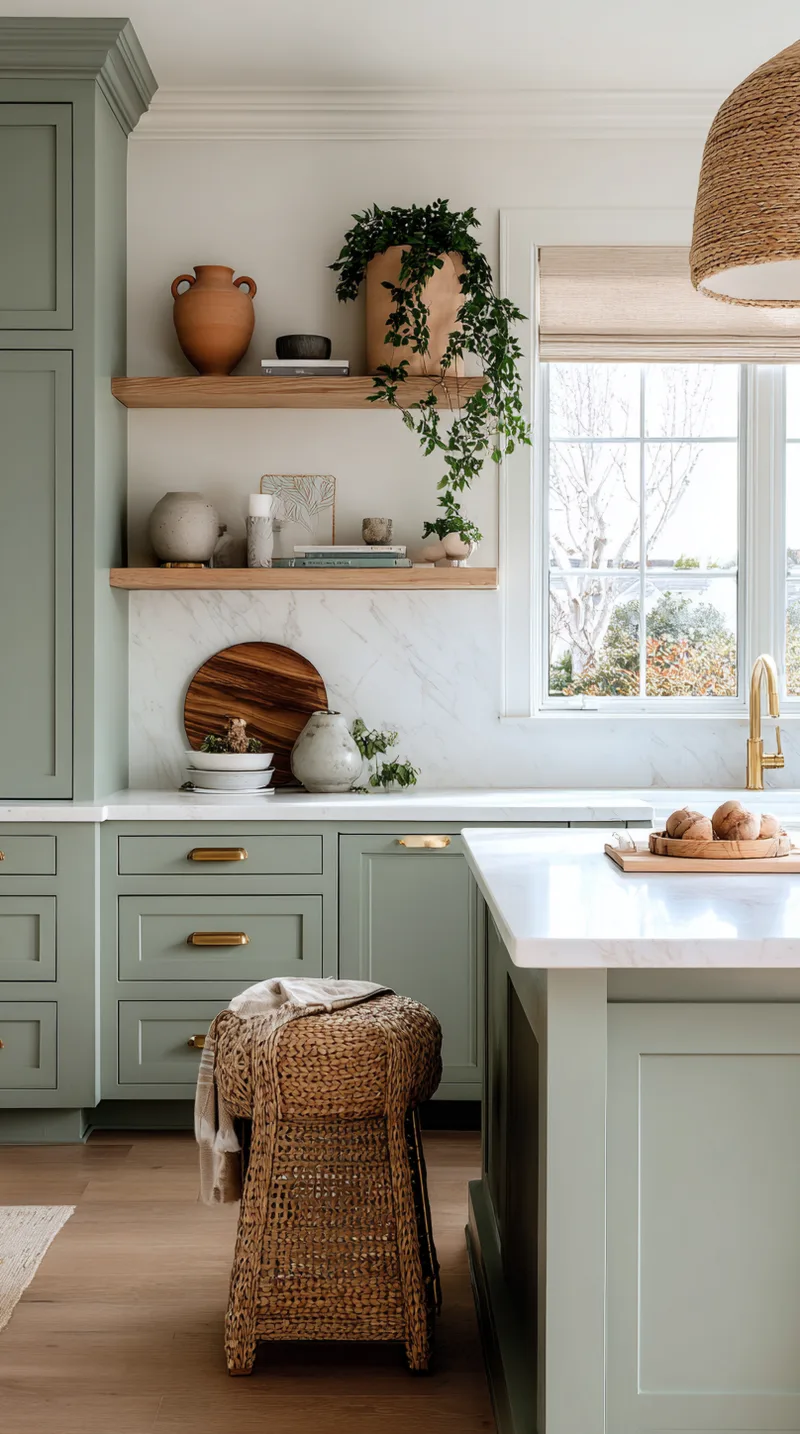 Soft sage green shaker cabinets with gold hardware and a farmhouse sink in a bright kitchen.