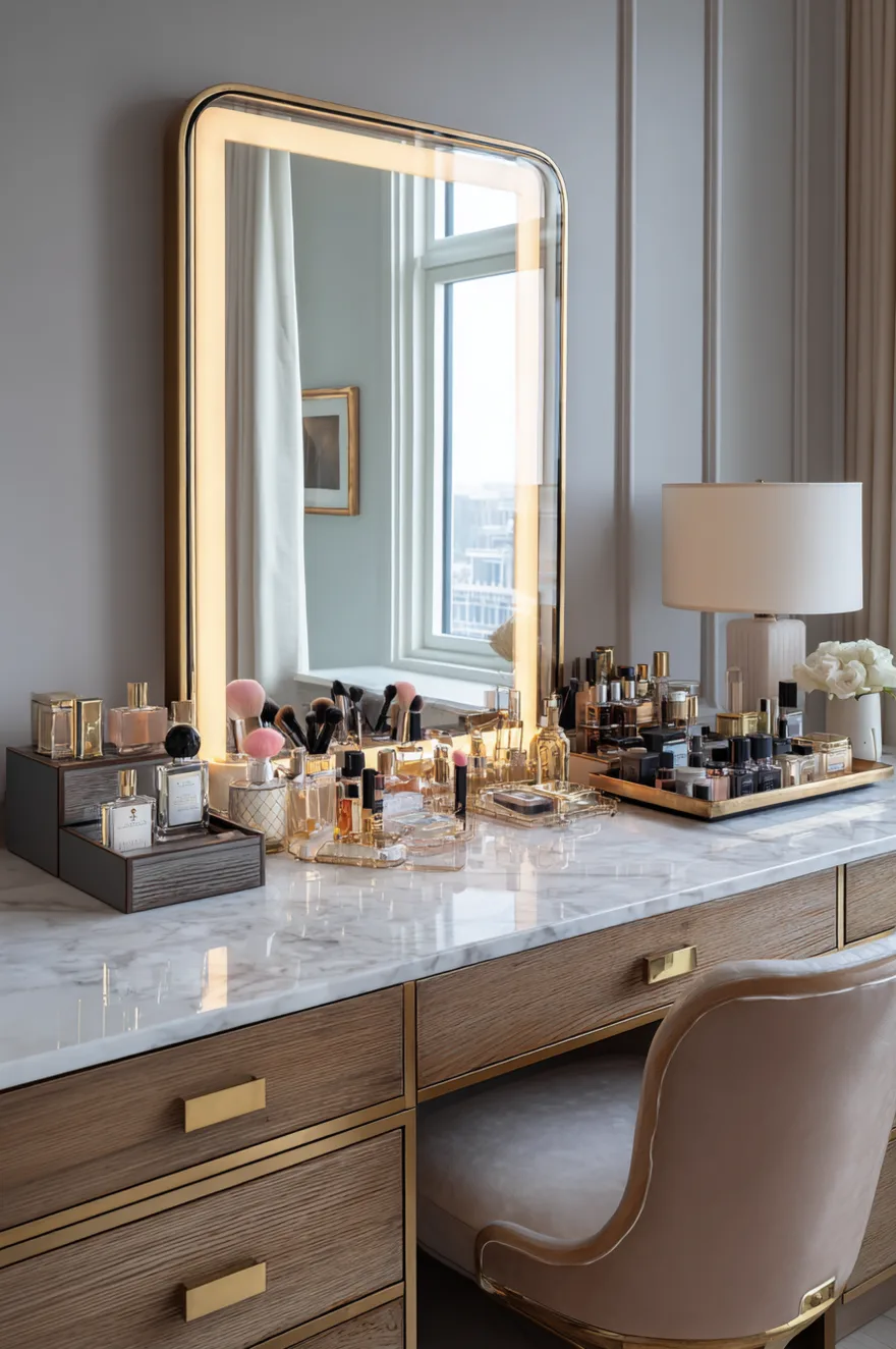A sophisticated vanity setup featuring a white marble countertop over wooden drawers with brass edge pulls. A large, rectangular mirror with thick built-in lighting stands on the counter. The surface is meticulously organized with clear acrylic trays and dark wooden tiers holding dozens of perfumes and makeup brushes.