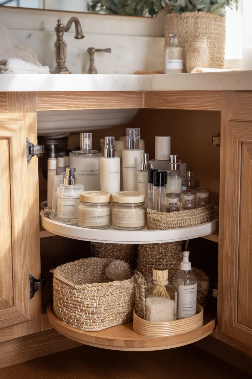 An open corner under-sink cabinet in a light wood vanity. A two-tiered white lazy Susan spins to reveal various clear and white skincare bottles, glass jars, and small woven trays. Below it, a round wooden lazy Susan holds woven storage baskets and bath accessories.