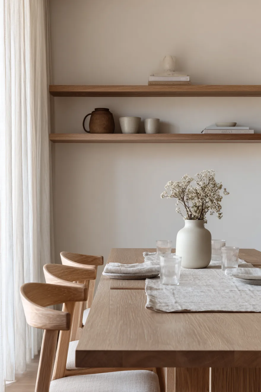 A dining room featuring a clean-lined white oak dining table surrounded by matching wood chairs with curved backs. Two long, floating white oak shelves are mounted on the wall behind the table, holding minimal ceramic vessels. A smooth white vase with delicate white flowers sits on a linen table runner.