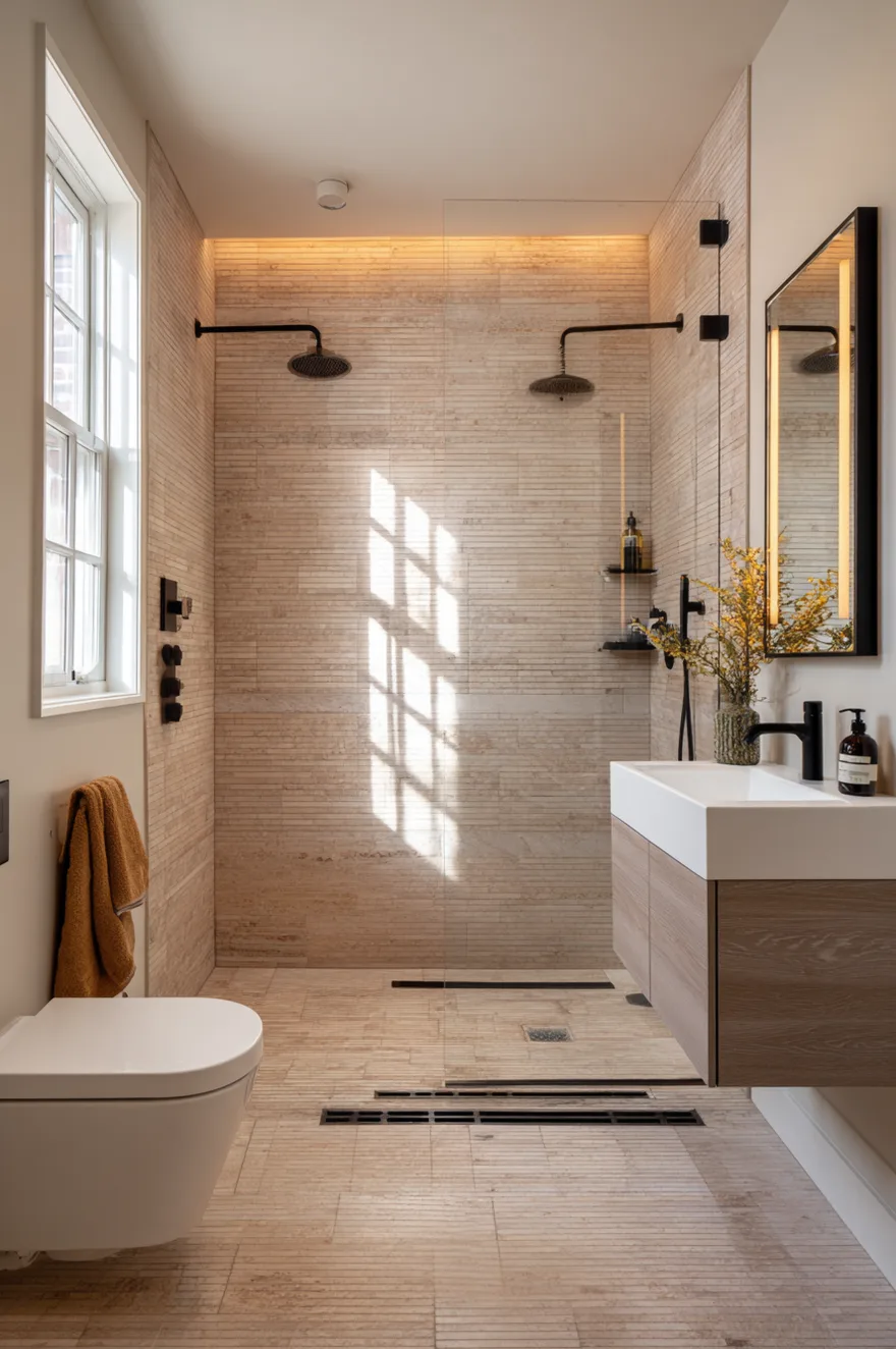 A sleek bathroom featuring a large, curbless walk-in shower entirely tiled in horizontal beige stone. Two black rain showerheads extend from the wall. A glass partition separates the shower from the rest of the room. A linear drain runs seamlessly across the shower floor. A light wood floating vanity and white wall-mounted toilet complete the look.
