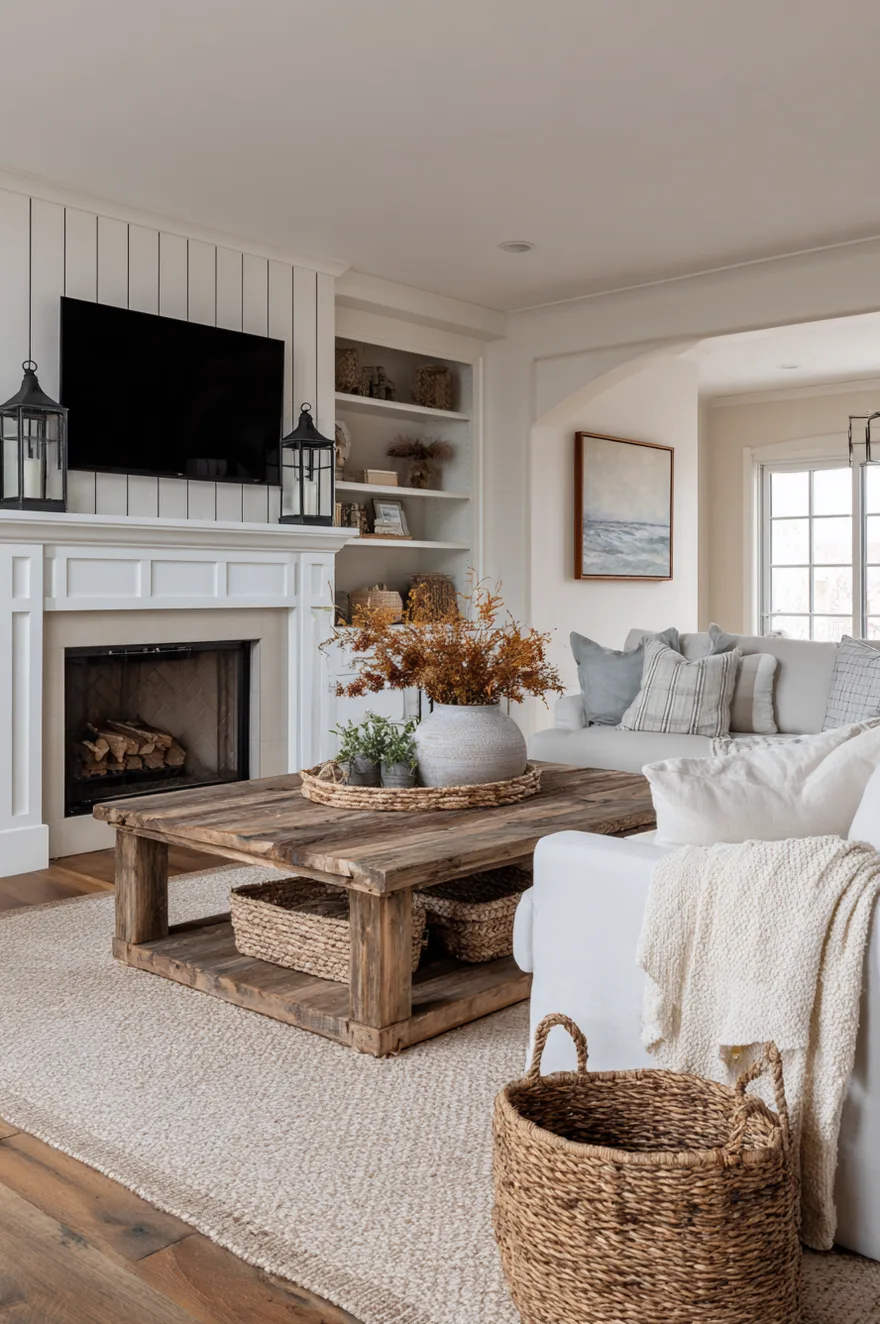 Chunky white-painted console with galvanized metal lanterns and a woven seagrass basket against board-and-batten paneling in a warm cozy farmhouse living room.