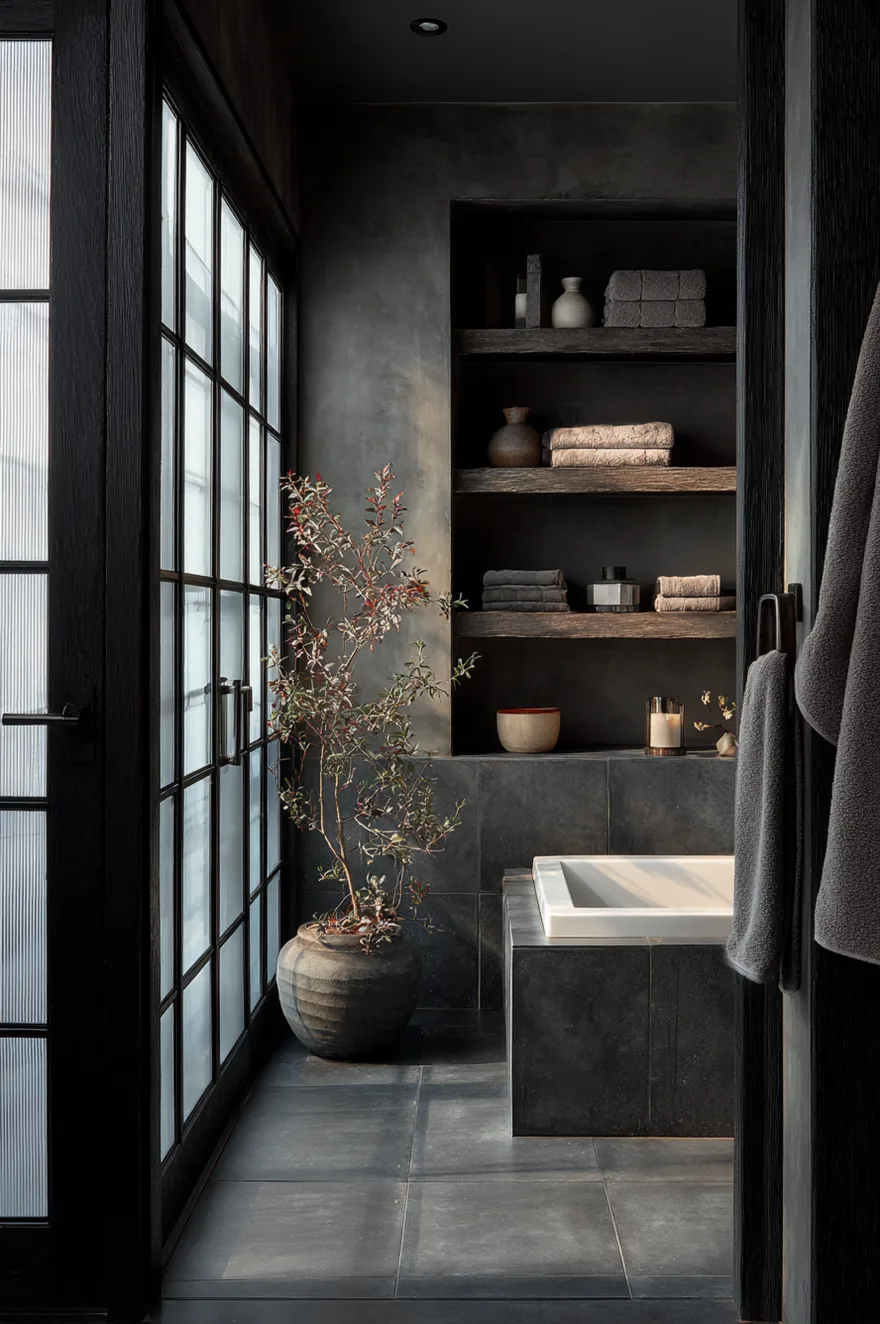Black steel-frame interior partition separating a soaking tub alcove from a dressing area with charcoal cement-look tile floors and white oak floating shelves.