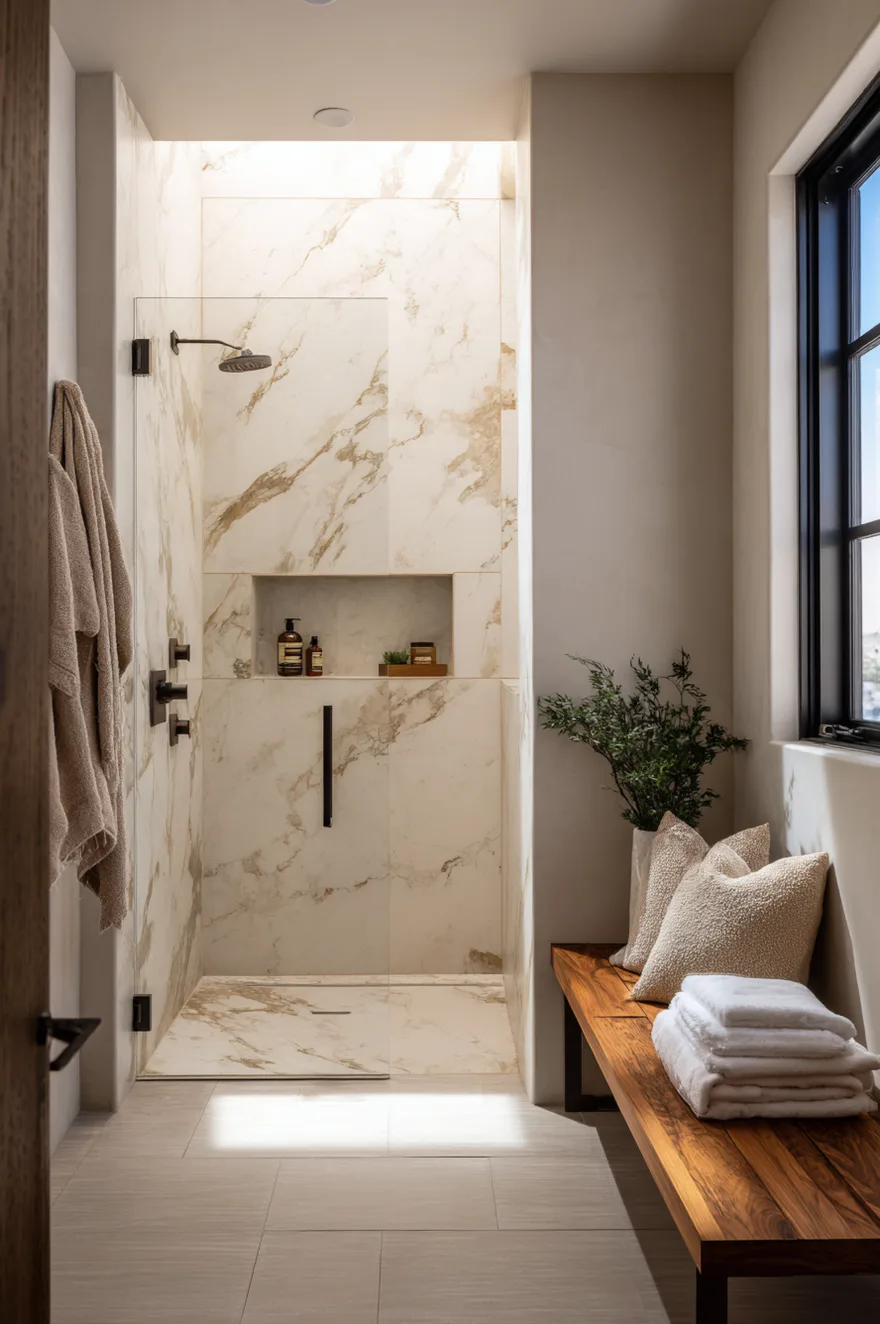 Full shower wet-wall clad in warm-veined Crema Marfil marble with oil-rubbed bronze wall-mount fixtures, a frameless glass panel, and a teak bench with folded white towels.