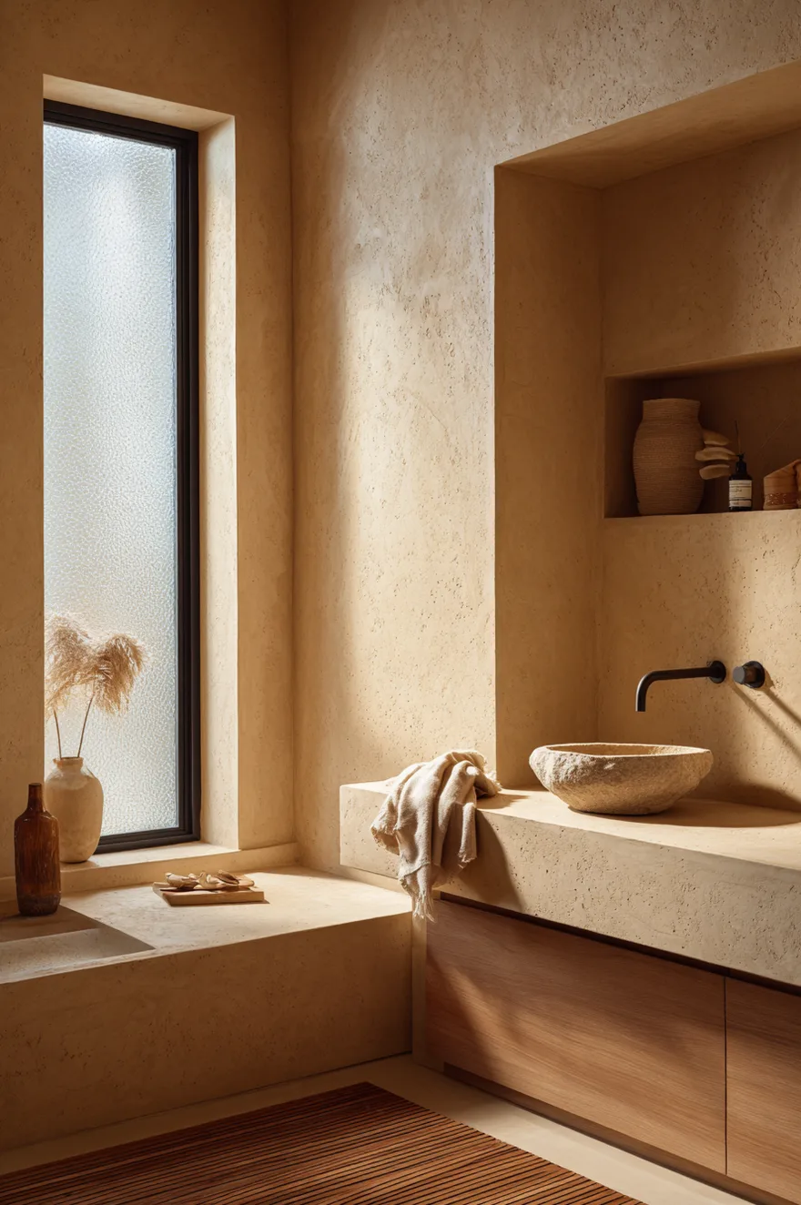 Monochromatic warm putty plaster bathroom with a flush-front vanity, recessed niche, teak bath mat on the floor, and a single hand-thrown ceramic vessel on the countertop.