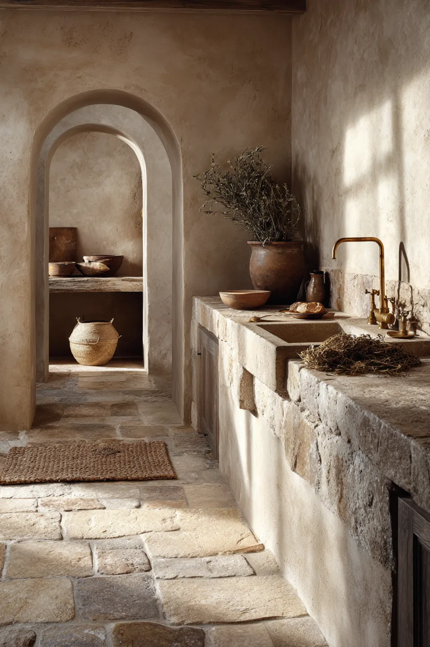 Tumbled limestone natural stone kitchen floor in irregular flagstone lay with warm morning light casting shadows across the textured stone surface beside terracotta plaster walls.