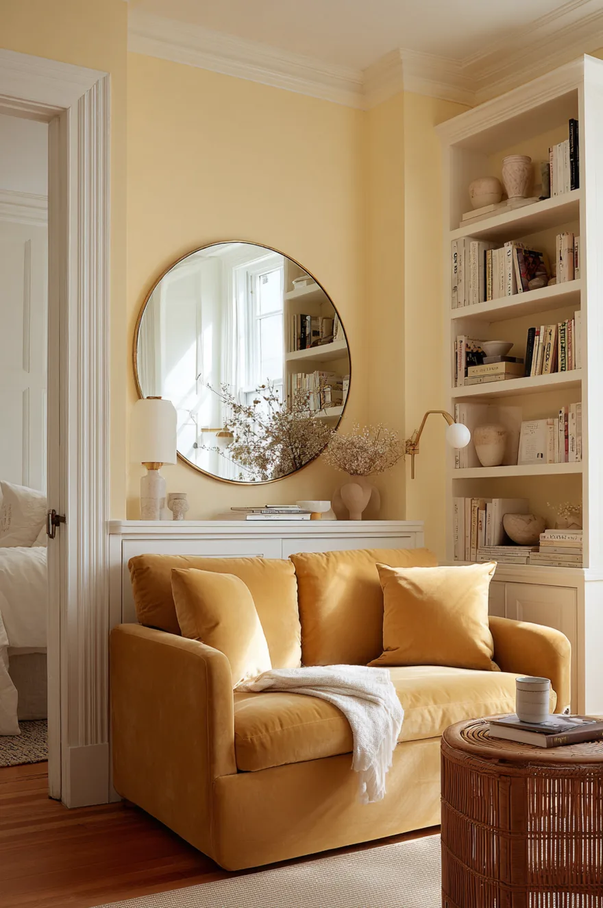 Pale butter yellow walls in a small living room with a mustard velvet loveseat, wall-mounted white oak shelving, and a large round mirror reflecting natural light.