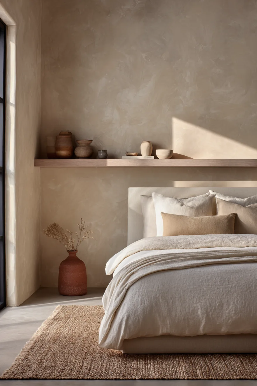 Single longer floating shelf mounted asymmetrically beside a linen upholstered bed on a warm sand limewash wall with a ceramic cluster at one end and open negative space at the other.