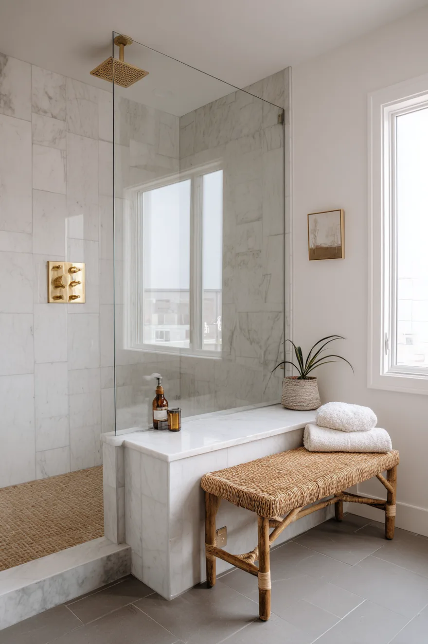 Walk in shower with bench featuring a full-width honed Carrara marble bench, oversized warm gray porcelain walls, and brushed gold thermostatic fixtures.